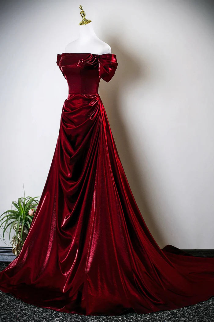 Burgundy Satin Long Prom Dress, Off the Shoulder Evening Party Dress
